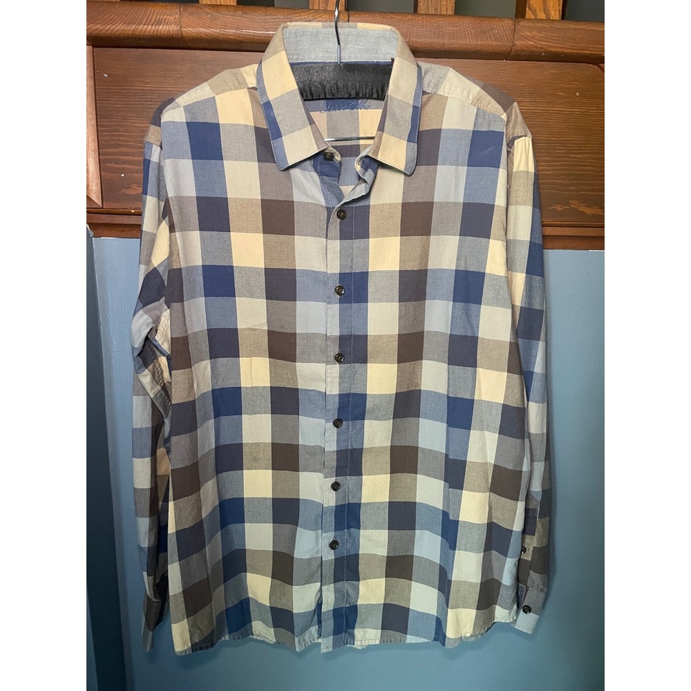 Tasso Elba Mens Blue Tan Plaid Cotton Long Sleeve Button Up Shirt Size M